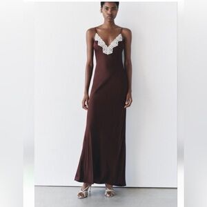 Zara Brown Maxi Slip Dress with Cream Lace Trim